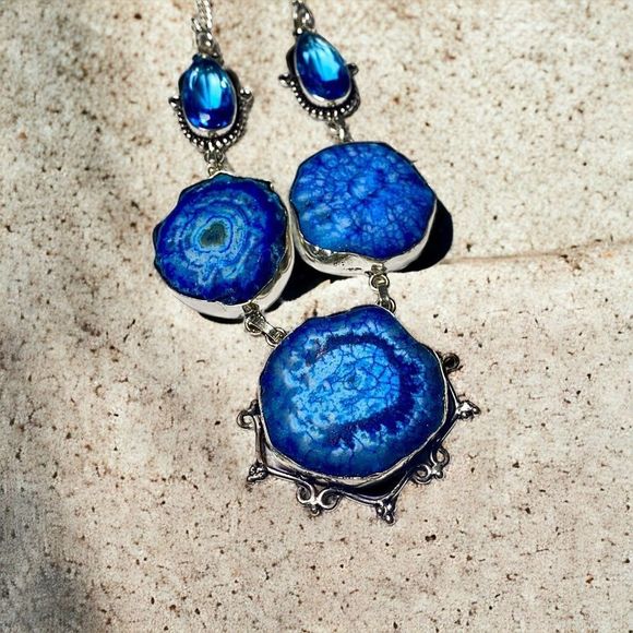 Blue Solar Quartz & Topaz Gemstones in a 925 Sterling Silver Overlay Necklace - Picture 1 of 8